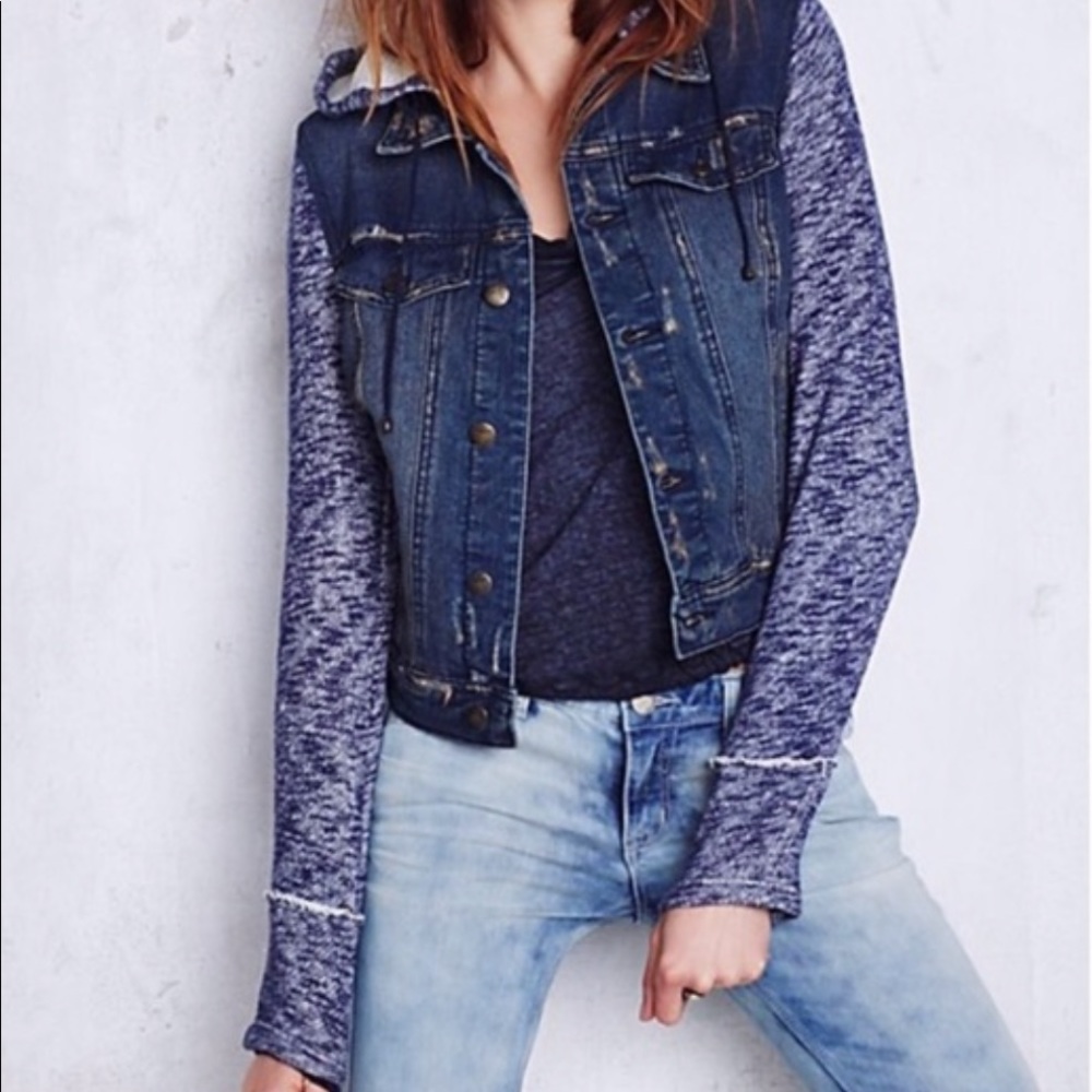 Free People Knit Hooded Jean Denim Jacket